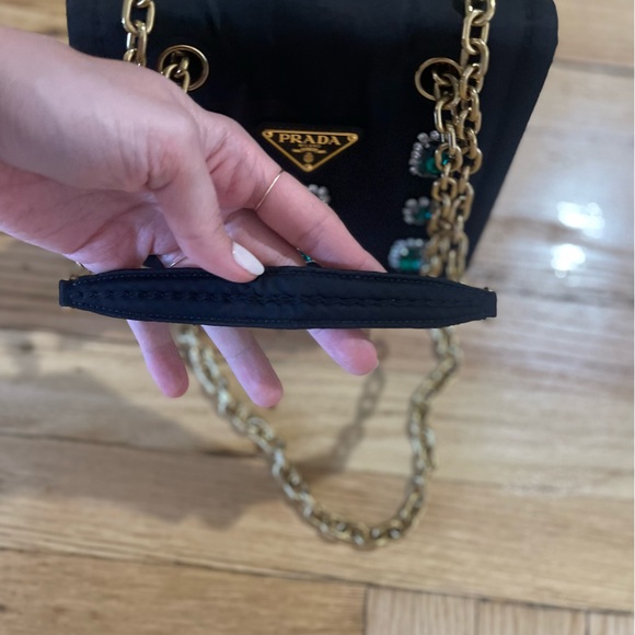 Prada Tessuto Nylon Black Flap Handbag w Emerald and Clear Crystals - Picture 10 of 12